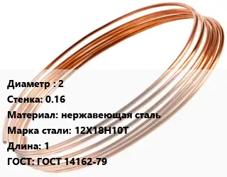 Труба капиллярная 2 s=0.16 нержавеющая сталь Сталь: 12Х18Н10Т L=1 ГОСТ: ГОСТ 14162-79